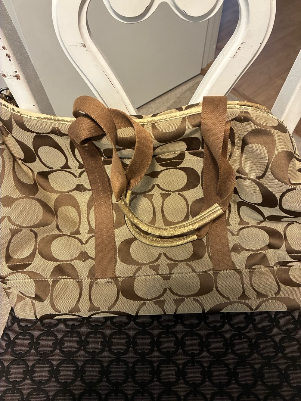 Authentic Coach Canvas Tote Bag/ overnight bag in Beige/Brown/Gold hues